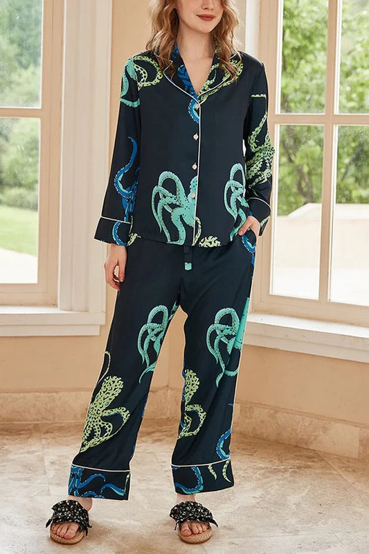 Conjunto de dos piezas de manga larga con estampado de pulpo negro