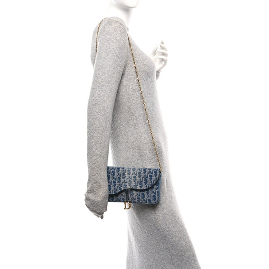 Oblique Denim Saddle Chain Long Wallet Blue
