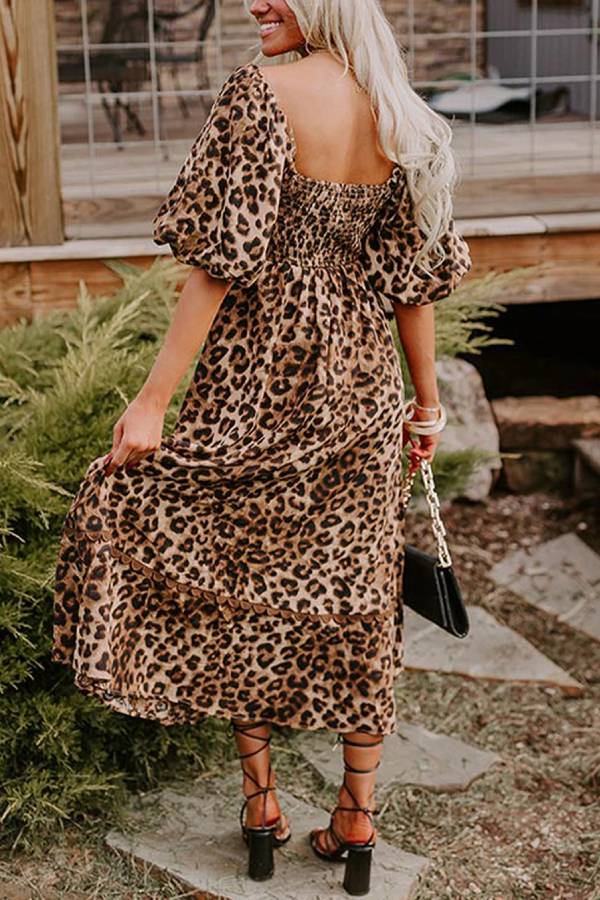 Vestido largo Ricrac con mangas abullonadas y estampado de leopardo marrón