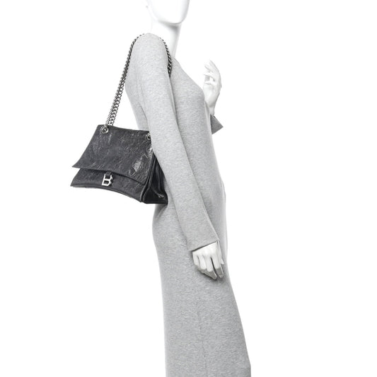 Metallic Crushed Calfskin Medium Crush Chain Bag Steel Grey
