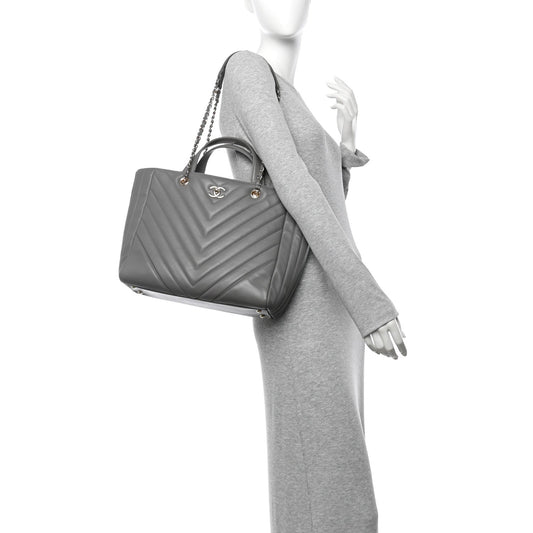 Calfskin Chevron Quilted Statement Shopping Tote Grey