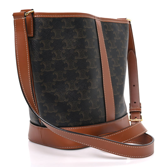Triomphe Canvas Calfskin Small Bucket Bag Tan