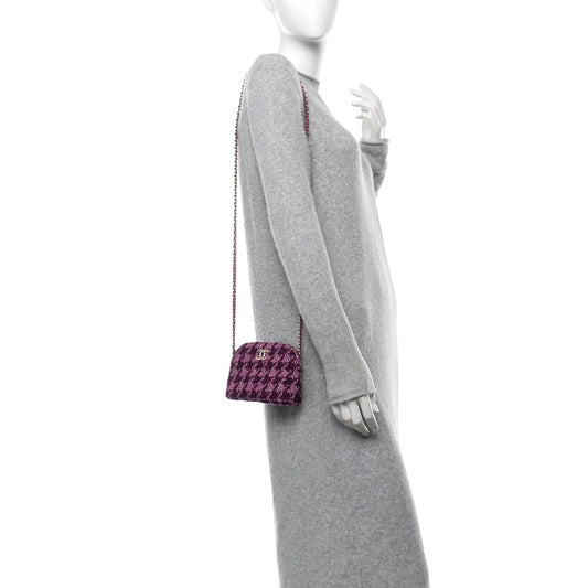 Tweed Quilted Mini Clutch With Chain Purple