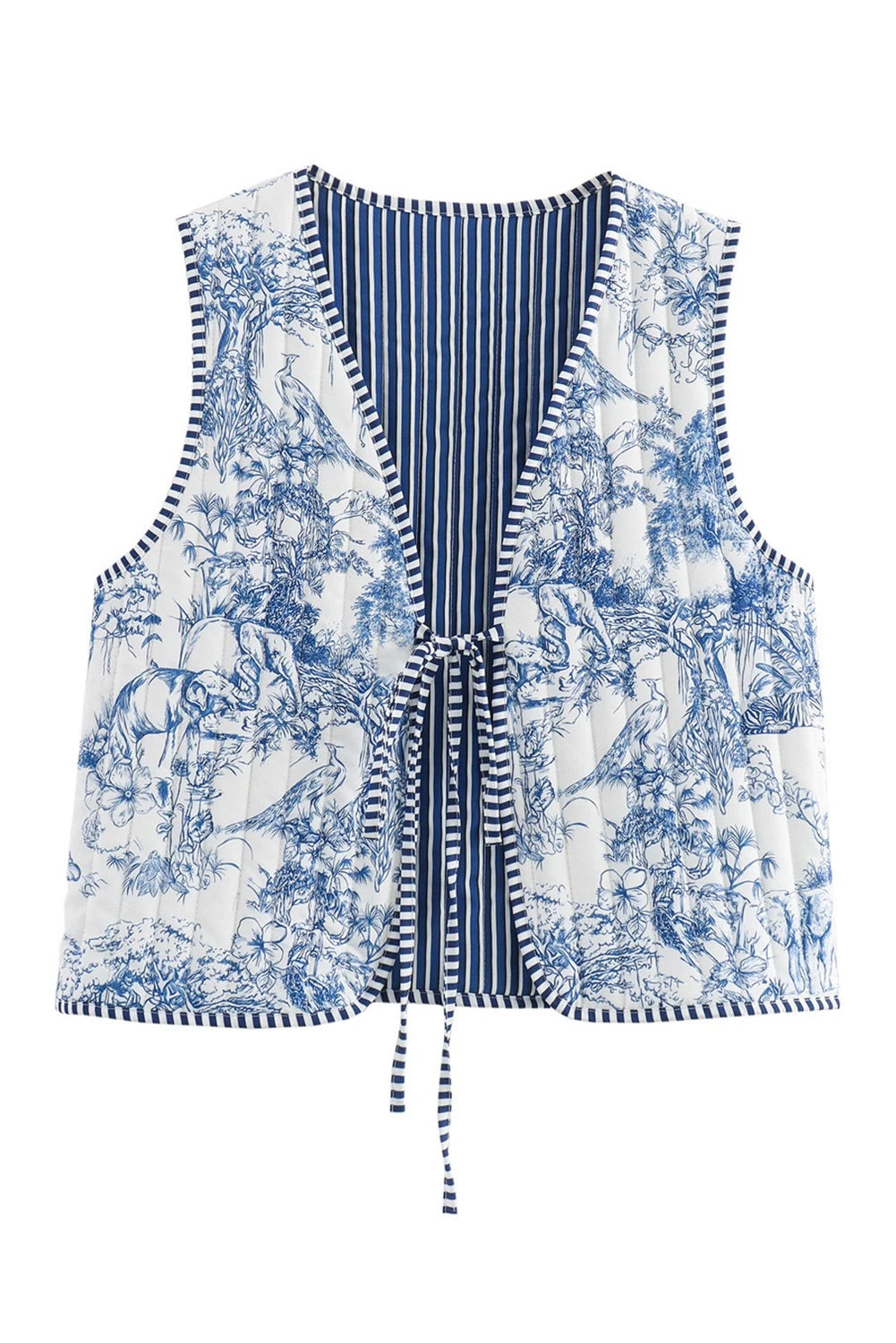 Chaleco tipo cárdigan bohemio blanco reversible con estampado floral y rayas