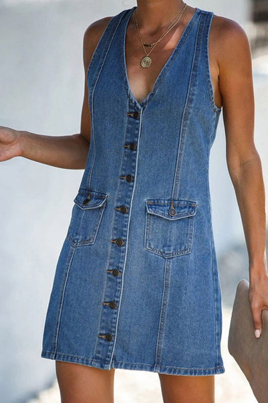 Vestido mini tipo chaleco vaquero con escote en V y espalda abierta