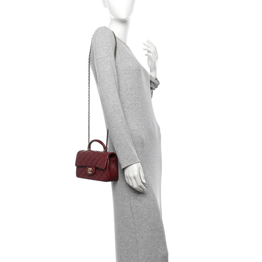 Lambskin Quilted Mini Top Handle Rectangular Flap Burgundy