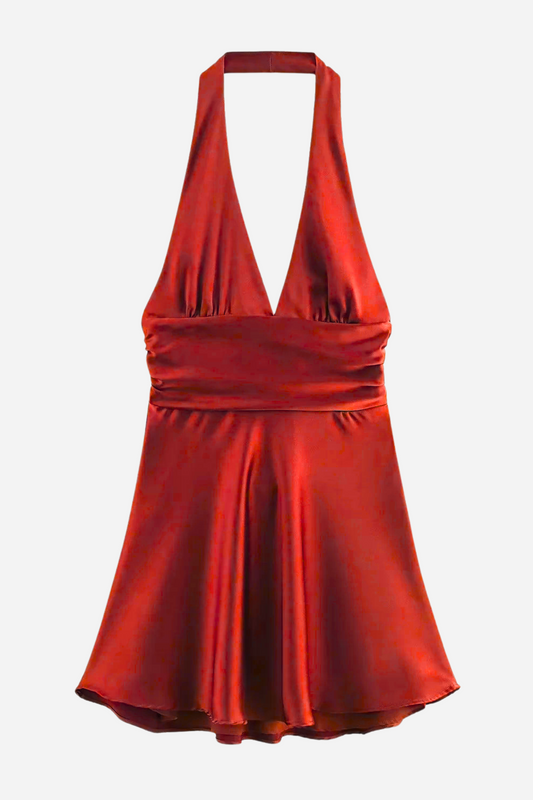 Vestido mini de satén con lazo grande y cuello halter Evelyn
