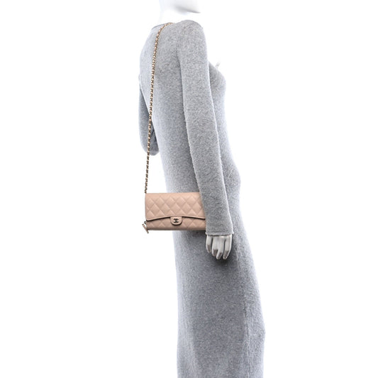 Caviar Quilted Phone Holder Wallet on Removable Chain Light Beige