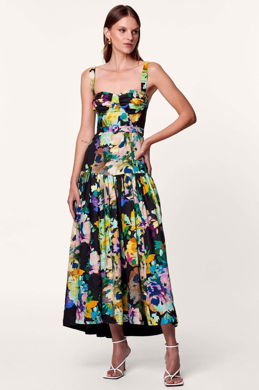 Vestido largo acampanado con cinturón y estampado Delia