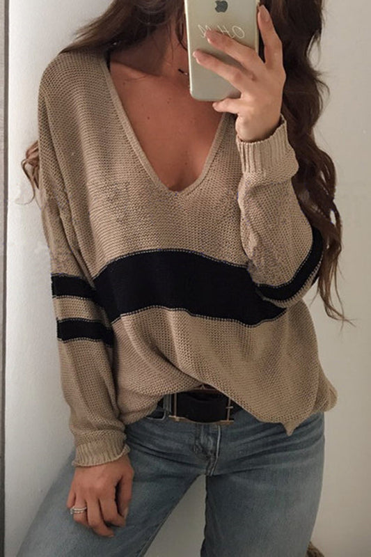 Suéter de punto de manga larga con cuello en V y patchwork de moda