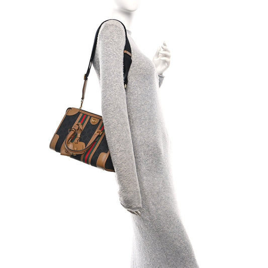 Monogram Textured Dollar Calfskin Web Small Bauletto Duffle Top Handle Bag Black Koi Beige