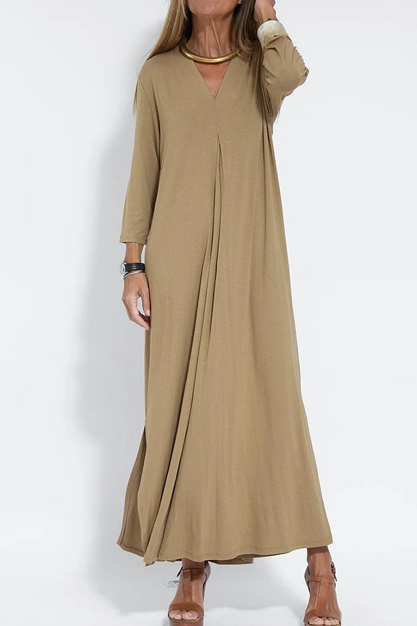 Vestido largo informal de color liso con cuello en V para mujer