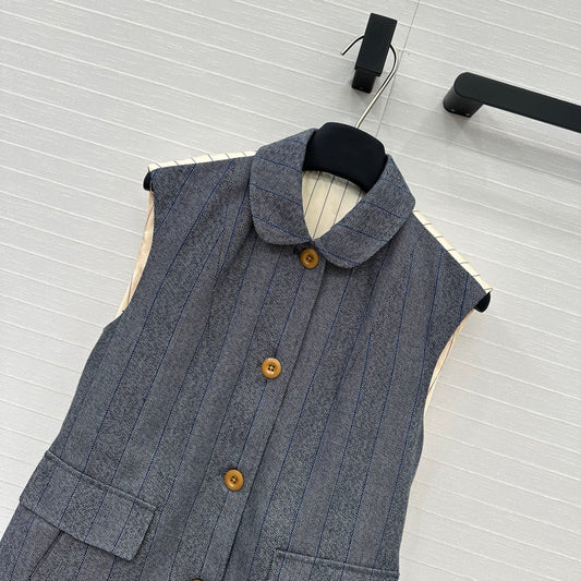 Prada 25 Striped Vest Jacket Grey Wool Cotton Polyester