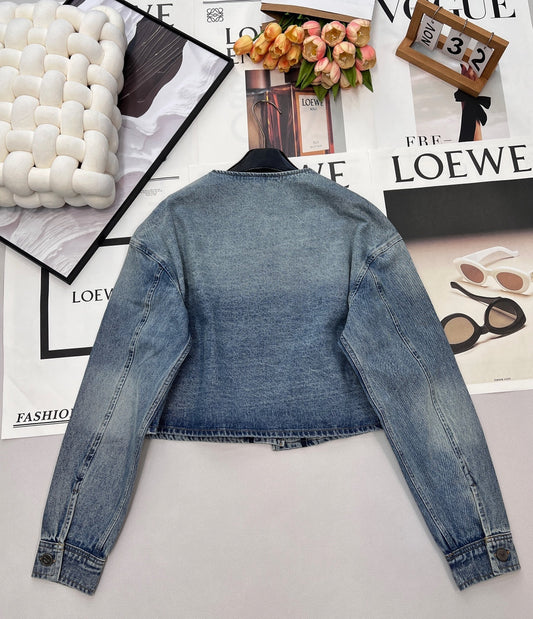 Prada 2025 Three-button Triangle Logo Denim Cropped Jacket Blue Cotton