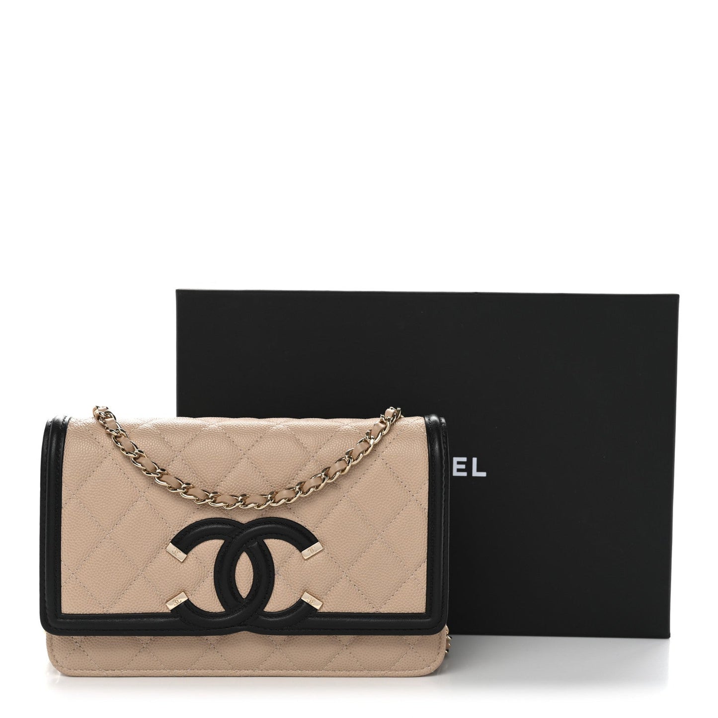 Caviar Quilted CC Filigree Wallet On Chain WOC Beige Black