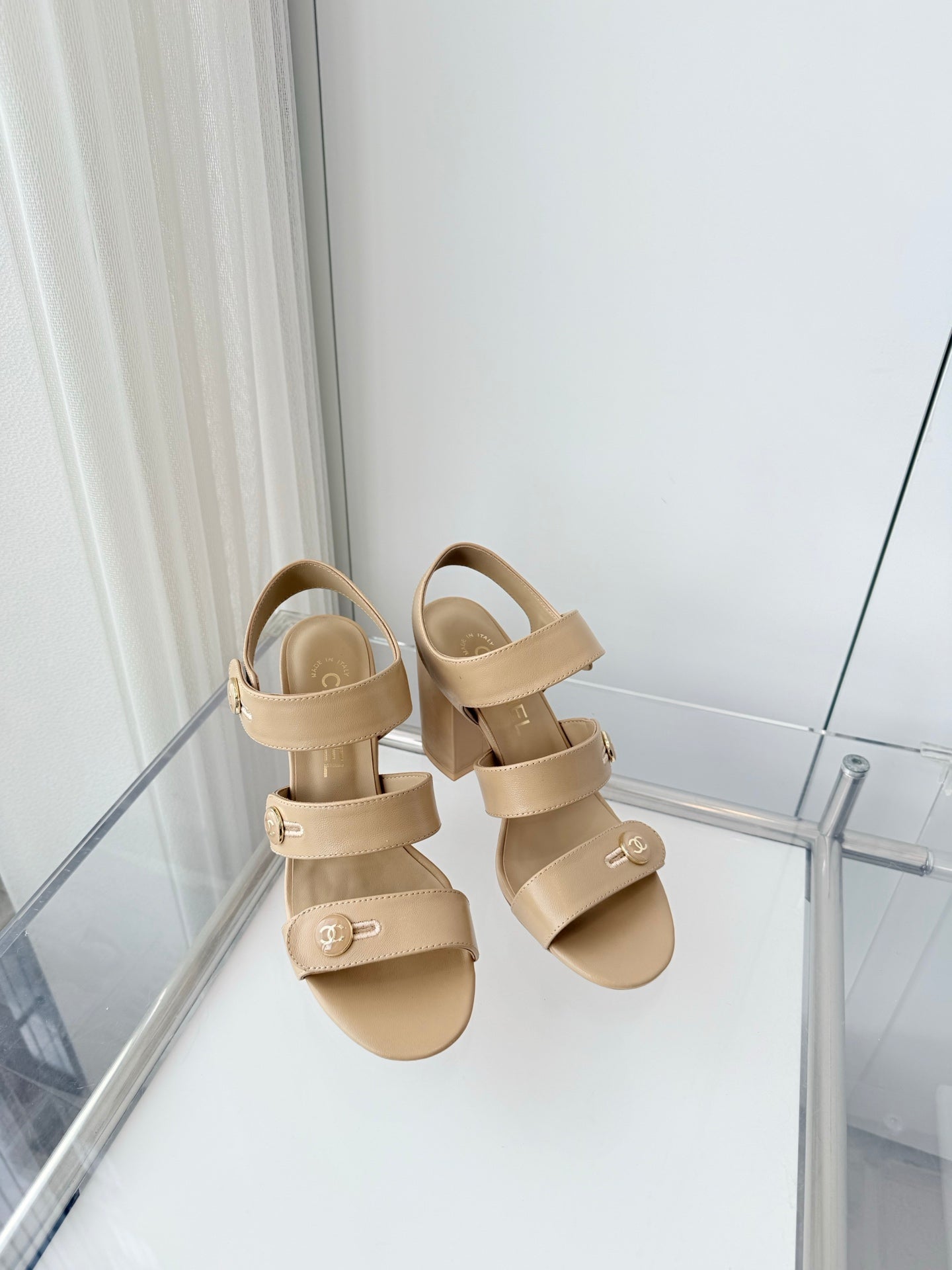 Chanel 26 Turnlock 80 Beige Sandal Heels in Lambskin 597405