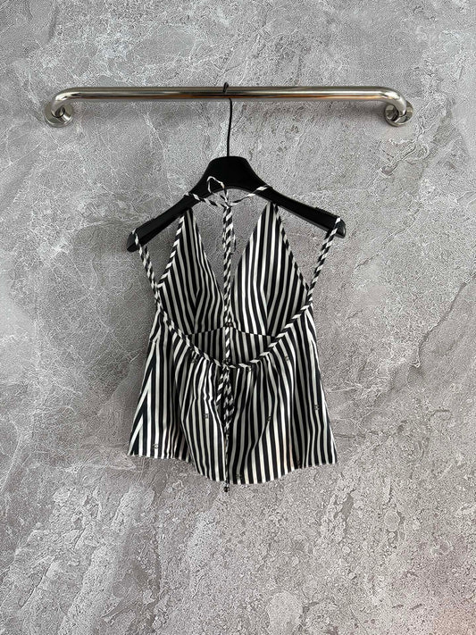 CC Striped Halter Top Black White Cotton