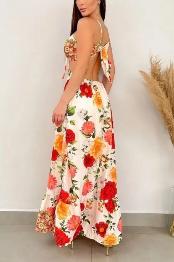 Vestido largo con espalda abierta y lazo en la cintura de MONET Blooming Rose