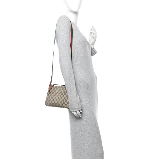 GG Supreme Monogram Textured Calfskin Small Emblem Shoulder Bag Beige Dark Brown