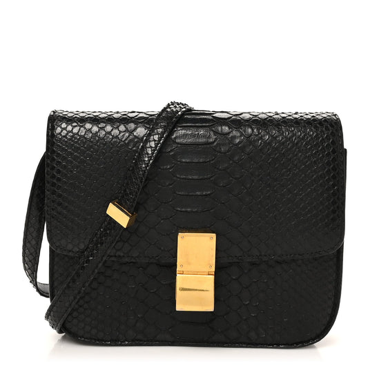 Snakeskin Medium Classic Box Flap Bag Black