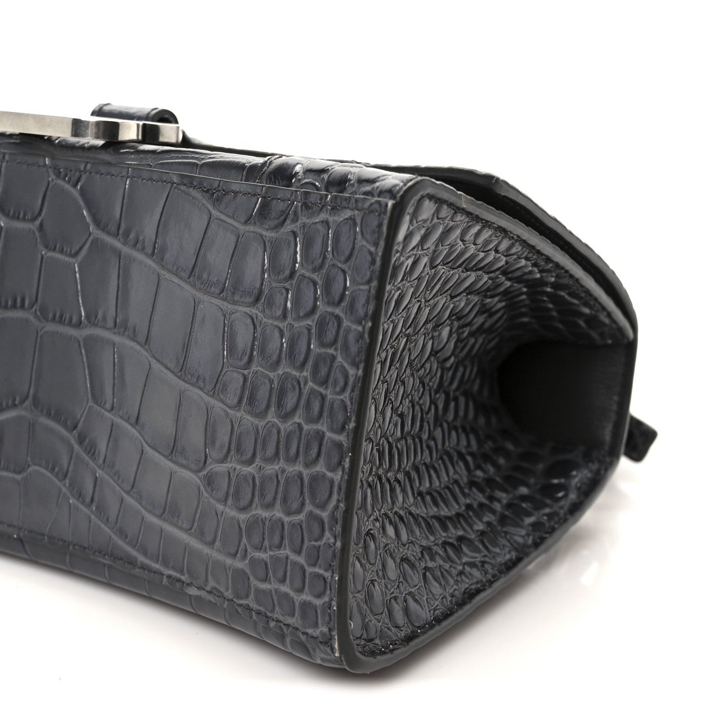 Shiny Calfskin Crocodile Embossed Small Hourglass Top Handle Bag Dark Grey