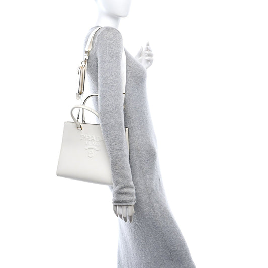 Saffiano Lux Logo Embossed Medium Shoulder Tote Handbag White
