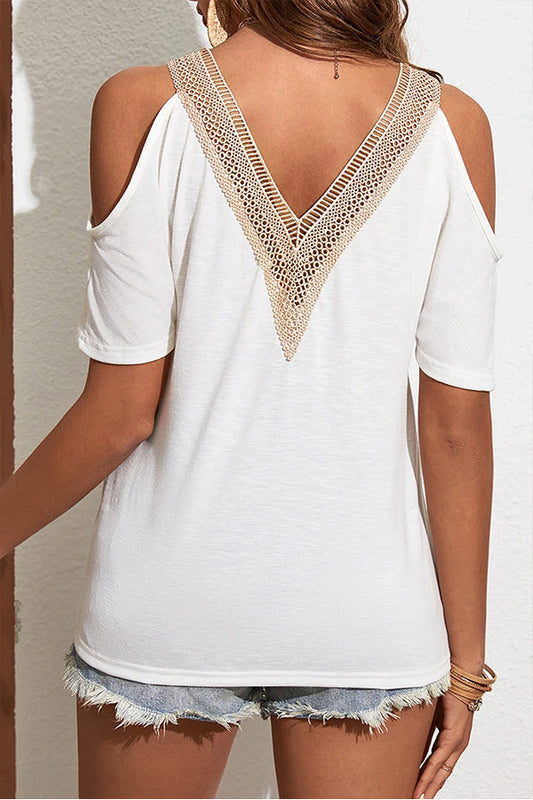 Blusa de encaje guipur con hombros descubiertos en contraste blanco