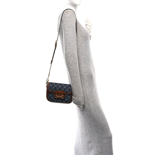 New Denim GG Monogram Dollar Calfskin Web Mini Horsebit 1955 Shoulder Bag Blue Tea Cuir Epilog