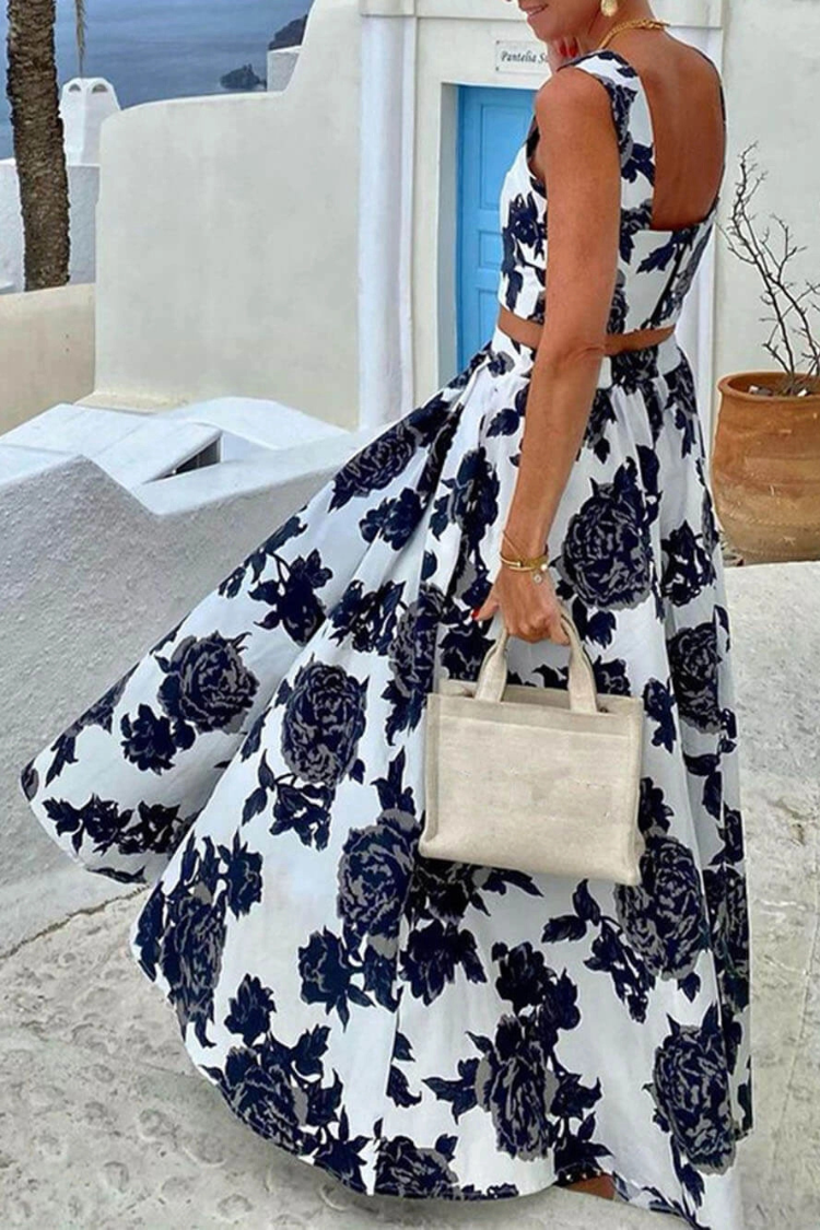 Conjunto de dos piezas de top y falda con tirantes y estampado de moda