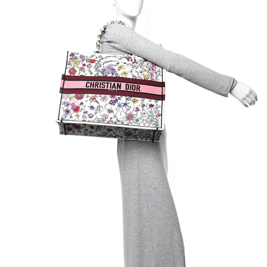 Canvas Embroidered Large Florilegio Book Tote White Multicolor