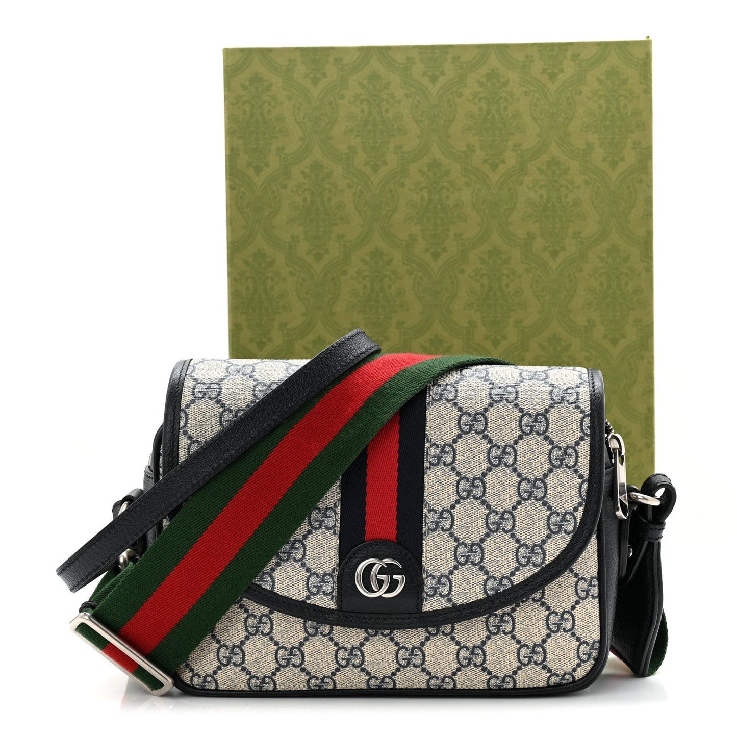 GG Supreme Monogram Textured Dollar Calfskin Web Studded Mini Ophidia Flap Shoulder Bag Beige Blue