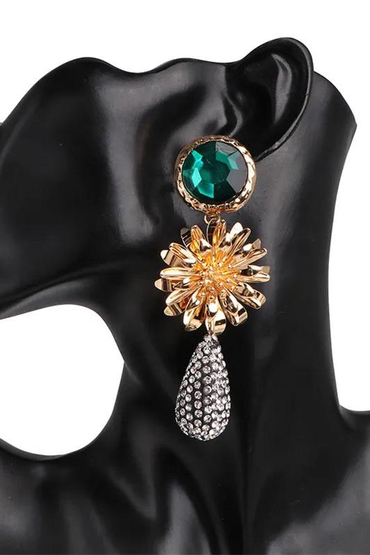 Pendientes de diamantes de imitación con flor de piedra esmeralda