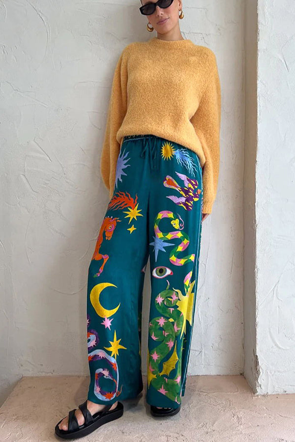 Pantalones Pierson de mezcla de lino con estampado único, cintura elástica, bolsillos y pierna ancha