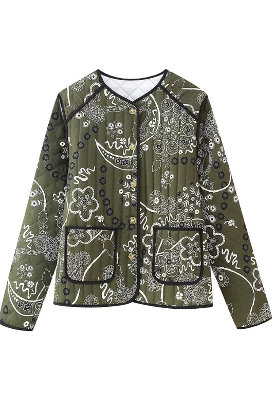 Chaqueta holgada de cuello redondo con bolsillos y estampado retro