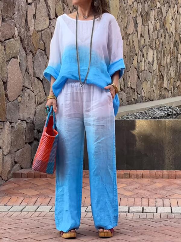 Conjunto de dos piezas de algodón y lino degradado para mujer