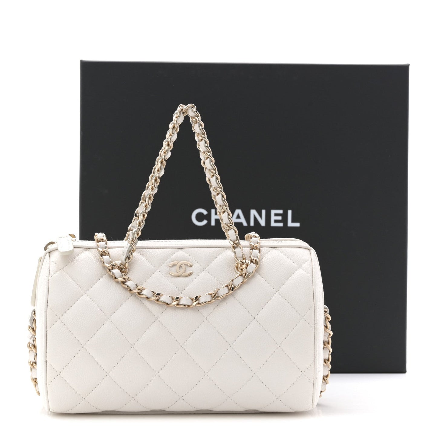 Caviar Quilted Barrel Clutch With Chain White