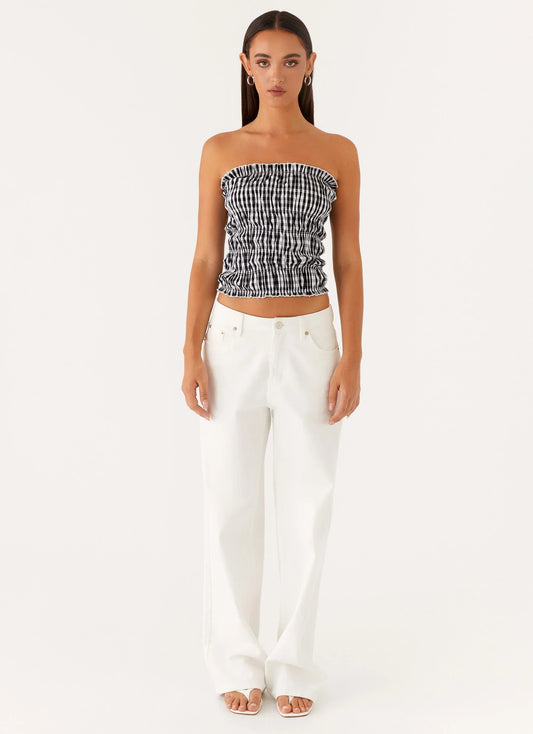 Orion Strapless Ruched Top - Black/White Gingham