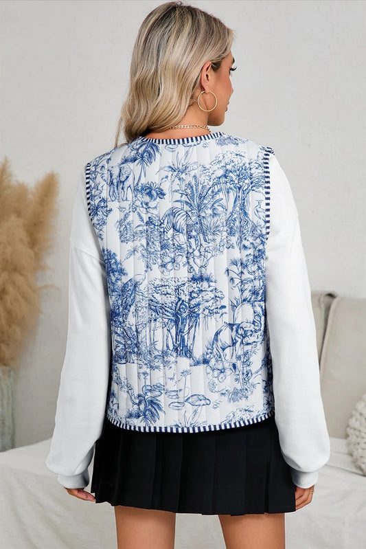 Chaleco tipo cárdigan bohemio blanco reversible con estampado floral y rayas