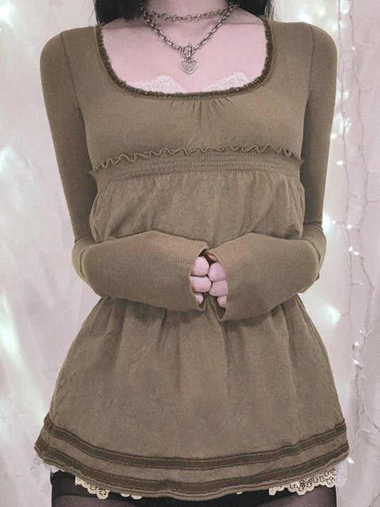 Brown Vintage Square Collar Stitching Long Sleeve Tee