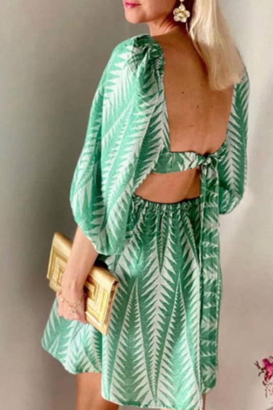 Vestido corto con mangas abullonadas y lazo en la espalda, estampado étnico, mezcla de lino y verdes de verano