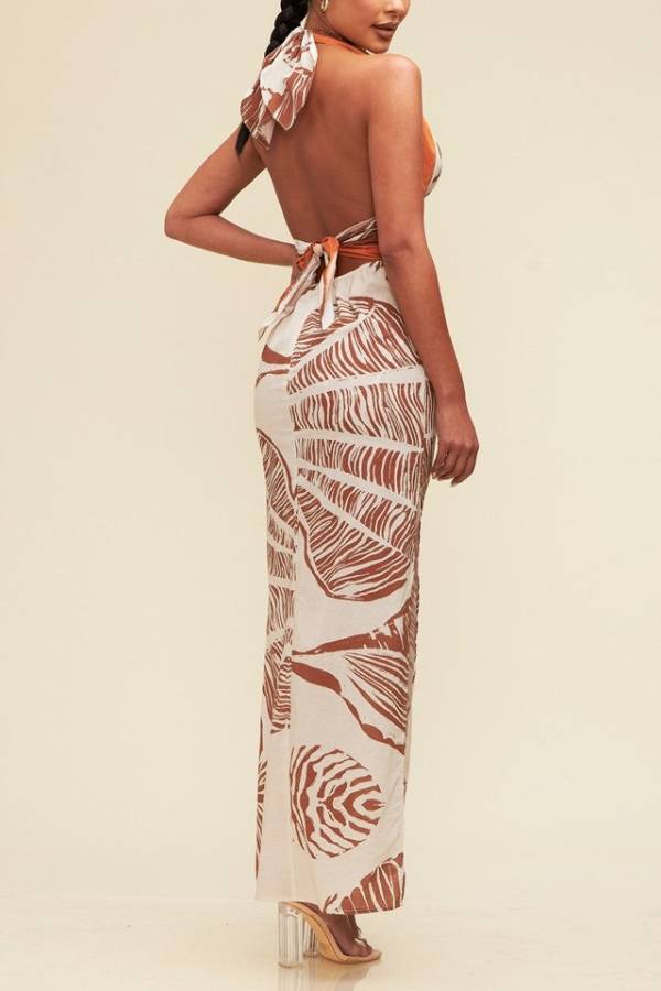 Vestido largo con cuello halter y estampado botánico único de mezcla de lino Vacay Bound