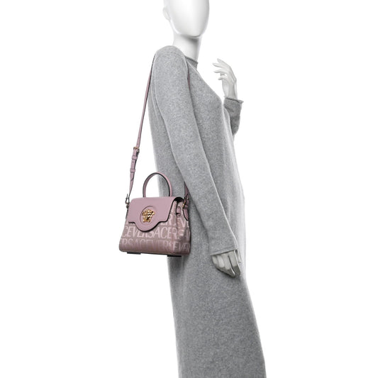Calfskin Canvas Allover La Medusa Small Top Handle Handbag Pink