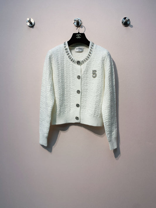 Chanel 25 Round Neck Sequined Custom Button Knit Cardigan Wool 317963