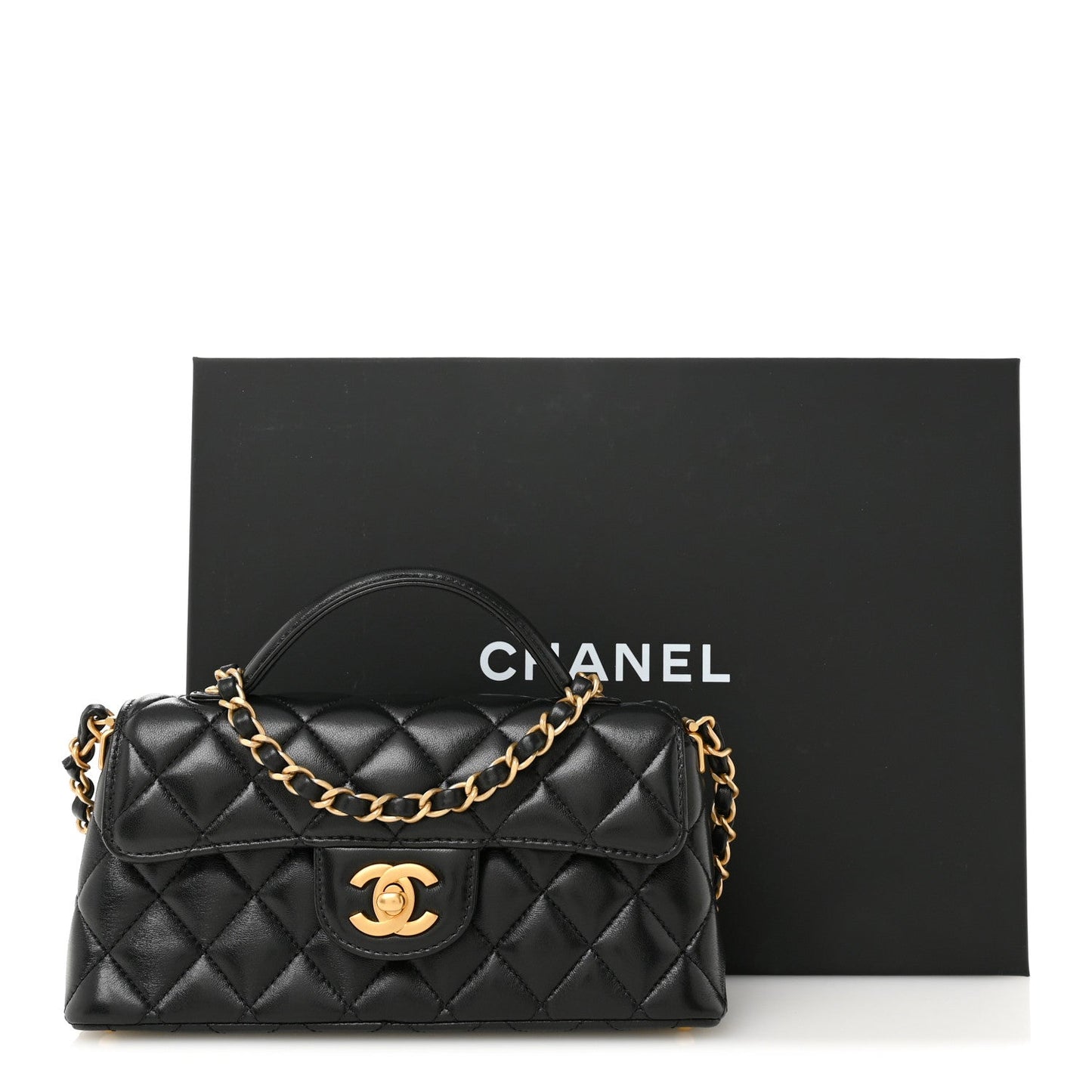 Lambskin Quilted Mini Flap Top Handle Bag Black