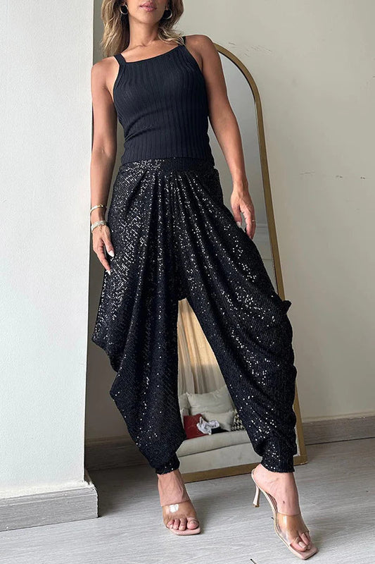 Pantalones Harem Sueltos con Cintura Elástica y Lentejuelas de Aduanas Nacionales
