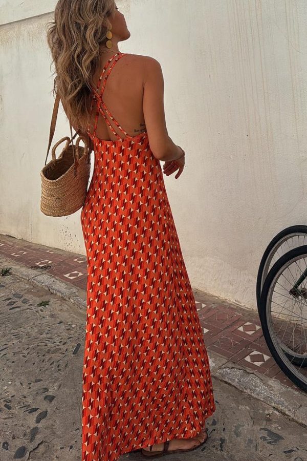 Vestido naranja de manga corta con estampado regular y tirantes largos