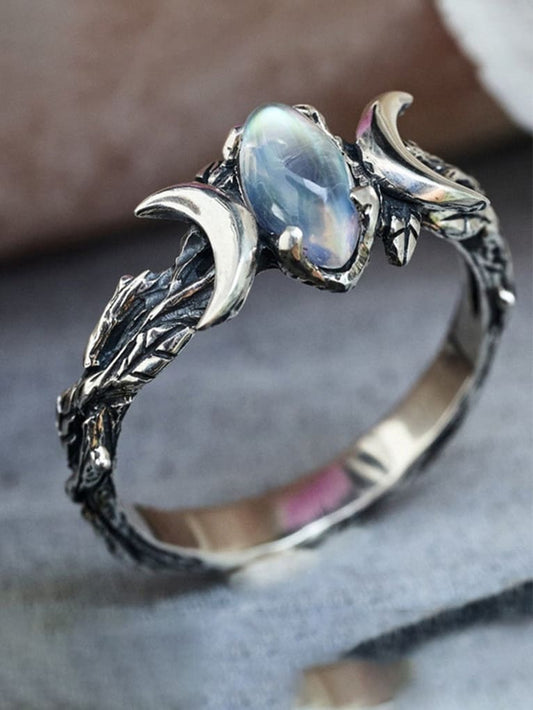 Anillo geométrico de doble luna con piedras preciosas