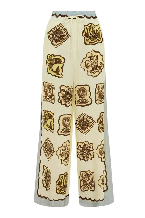 Pantalones anchos con bolsillo y cintura elástica con estampado único de mezcla de lino Lakeside Breeze