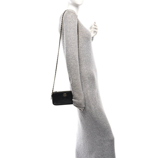 Goatskin Enamel Quilted Small Clutch With Chain Black