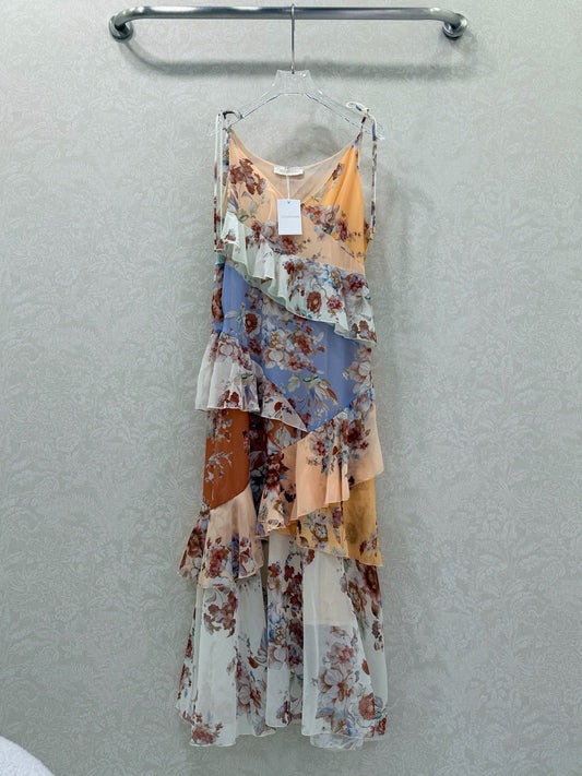 Zimmermann Awaken Frilled Slip Dress Spliced Print Cotton 347332